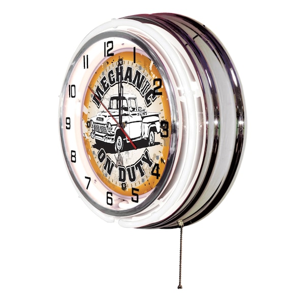 Holland Bar Stool Co Mechanic on Duty Double Neon Ring, 19" dia. Logo Clock - CLK19MCHNIC