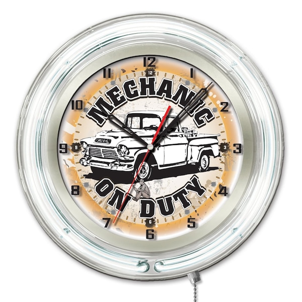 Holland Bar Stool Co Mechanic on Duty Double Neon Ring, 19" dia. Logo Clock - CLK19MCHNIC