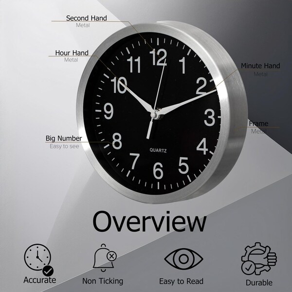 Clockswise 8-in Round Quartz Wall Clock Non-Ticking Battery Operated with Silent Sweep Movement,  - QI004745.BK.8