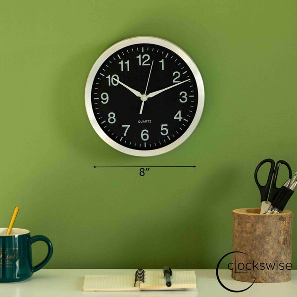Clockswise 8-in Round Quartz Wall Clock Non-Ticking Battery Operated with Silent Sweep Movement,  - QI004745.BK.8