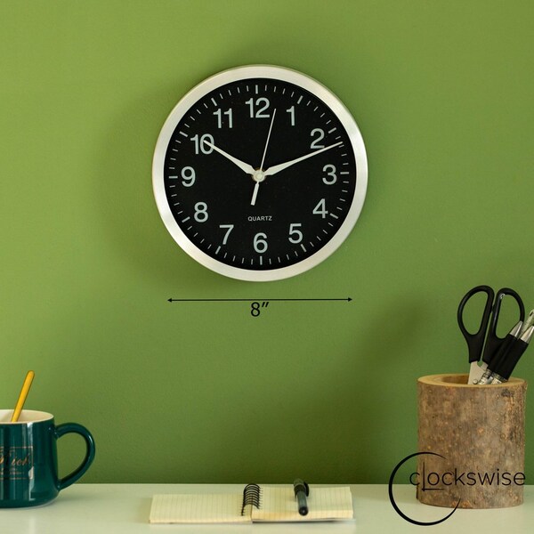 Clockswise 8-in Round Quartz Wall Clock Non-Ticking Battery Operated with Silent Sweep Movement,  - QI004745.BK.8