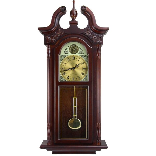 Bedford Clock Collection 38 in. Grand Antique Colonial Chiming Wall Clock with Roman Numerals, Oak Finish - BED-7710-RB