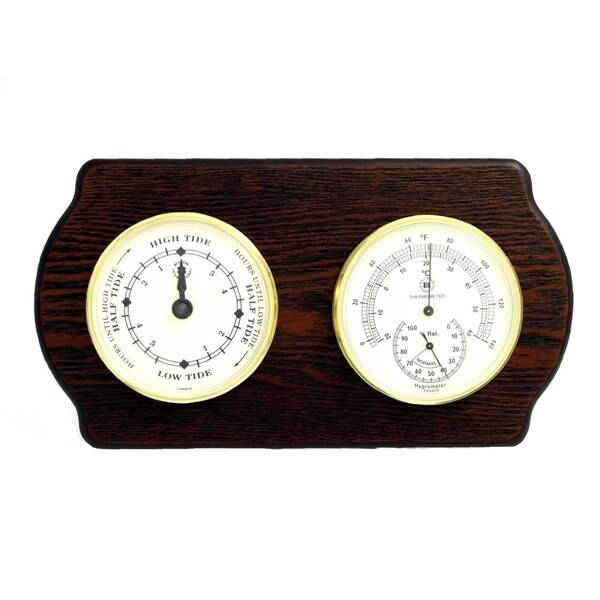 Bey Berk International Bey-Berk International Brass Tide Clock Thermometer with Hygrometer in Ash Wood - WS420