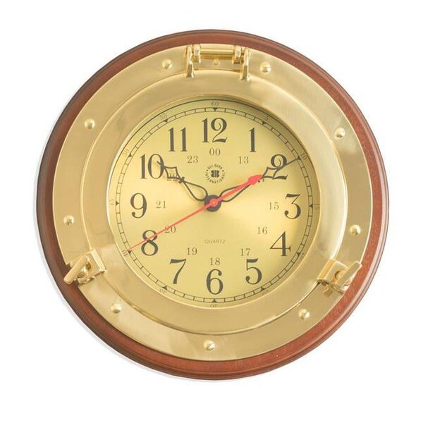Bey Berk International Bey-Berk International Brass Porthole Quartz Clock on Dark Cherry Wood - SQ500