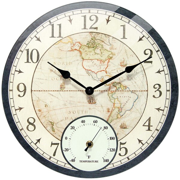 Infinity Instruments Orbis Black All Weather Clock - 14" Round World Map, Built-in Thermometer, Indoor/Outdoor - 20178BK