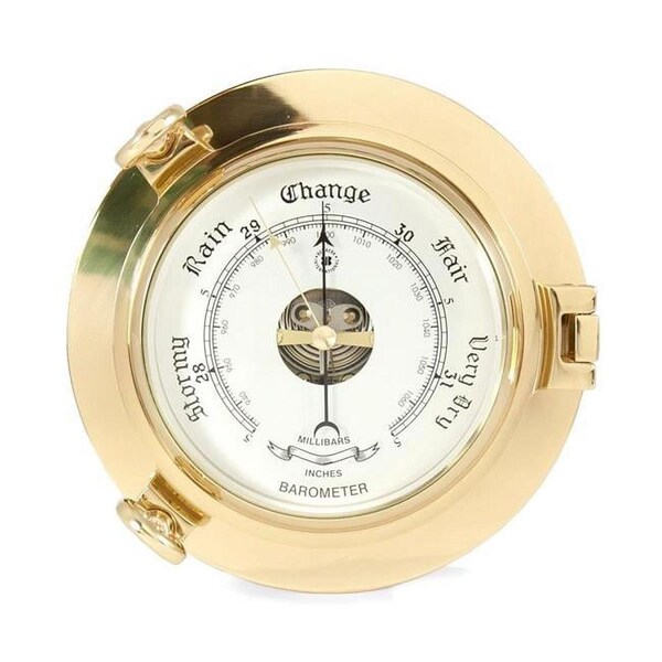 Bey Berk International Bey-Berk International  Lacquered Brass Porthole Barometer with Beveled Glass - Gold & Oak Wood - SB413