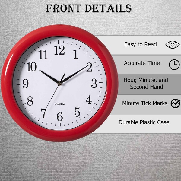Clockswise Decorative Classic Red Round Wall Clock For Living Room, Kitchen, Dining Room, Plastic - QI004510.RD