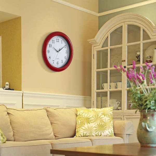 Clockswise Decorative Classic Red Round Wall Clock For Living Room, Kitchen, Dining Room, Plastic - QI004510.RD