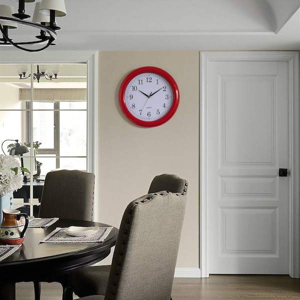 Clockswise Decorative Classic Red Round Wall Clock For Living Room, Kitchen, Dining Room, Plastic - QI004510.RD