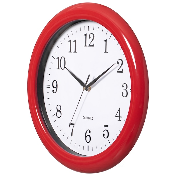 Clockswise Decorative Classic Red Round Wall Clock For Living Room, Kitchen, Dining Room, Plastic - QI004510.RD
