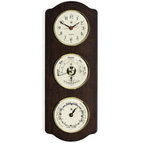 Bey Berk International Bey-Berk International WS418 Brass Quartz Clock Tide Clock & Barometer with Thermometer in Ash Wood - WS418