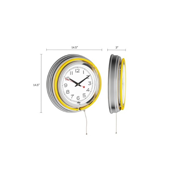 Hastings Home Neon Wall Clock 14" Round, Double Light Ring, Dual Power, Analog Quartz Timepiece for Garage, Yellow - 436253TDI
