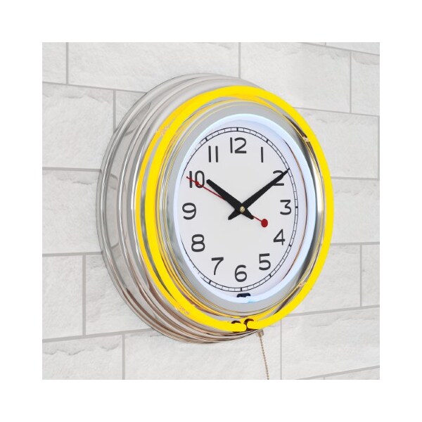 Hastings Home Neon Wall Clock 14" Round, Double Light Ring, Dual Power, Analog Quartz Timepiece for Garage, Yellow - 436253TDI