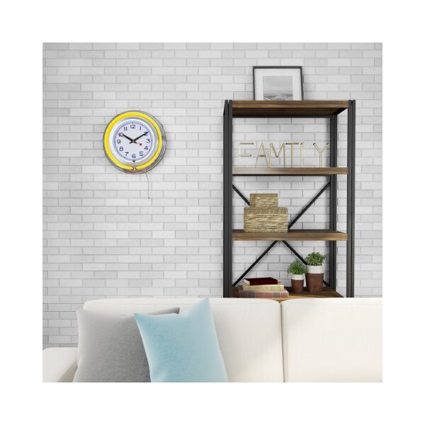 Hastings Home Neon Wall Clock 14" Round, Double Light Ring, Dual Power, Analog Quartz Timepiece for Garage, Yellow - 436253TDI