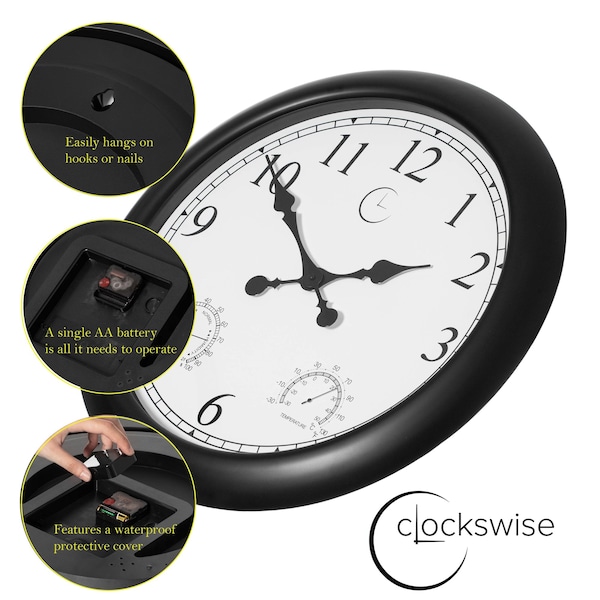 Clockswise 24-inch Large Outdoor Wall Clock Thermometer Combo, Waterproof Hygrometer Silent Battery Operated - QI004644