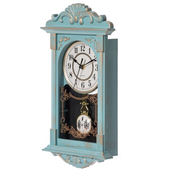 Quickway Imports Vintage Grandfather Wood- Looking Plastic Pendulum Wall Clock for Living, Kitchen, or Dining, Blue - QI004145.BL