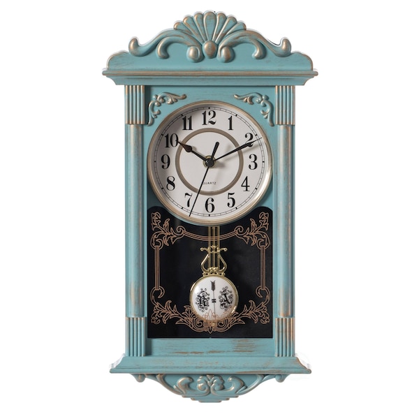 Quickway Imports Vintage Grandfather Wood- Looking Plastic Pendulum Wall Clock for Living, Kitchen, or Dining, Blue - QI004145.BL