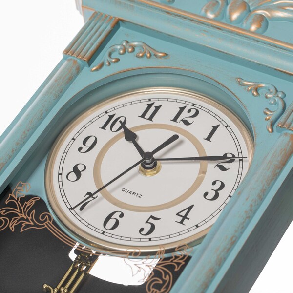 Quickway Imports Vintage Grandfather Wood- Looking Plastic Pendulum Wall Clock for Living, Kitchen, or Dining, Blue - QI004145.BL