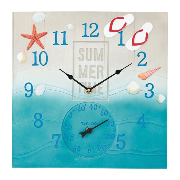 Taylor 14-In. x 14-In. Summertime Poly Resin Clock and Thermometer - 5293763