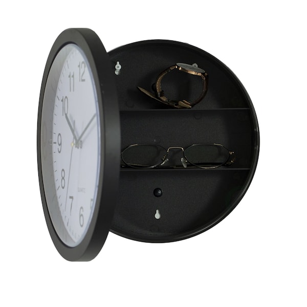 Quickway Imports Black Wall Mounted Plastic Clock with Hidden Storage Door - Interior Compartment - 10 Inch Dia - QI004150