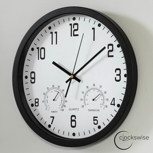 Clockswise 14-inch Non-Ticking Quartz Wall Clock with Thermometer & Hygrometer - Battery Operated - QI004748.BK.14