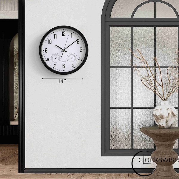 Clockswise 14-inch Non-Ticking Quartz Wall Clock with Thermometer & Hygrometer - Battery Operated - QI004748.BK.14