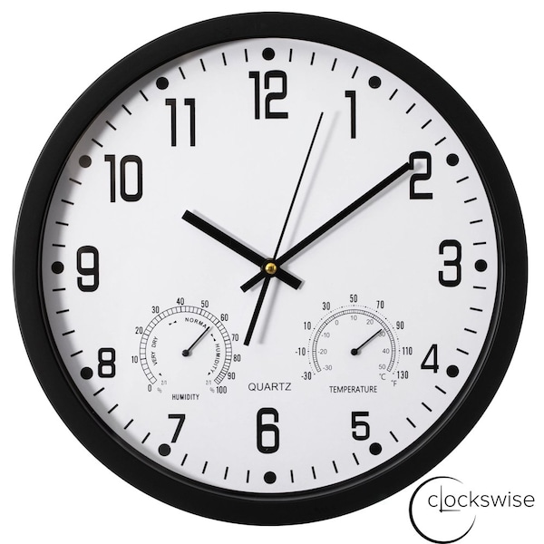 Clockswise 14-inch Non-Ticking Quartz Wall Clock with Thermometer & Hygrometer - Battery Operated - QI004748.BK.14