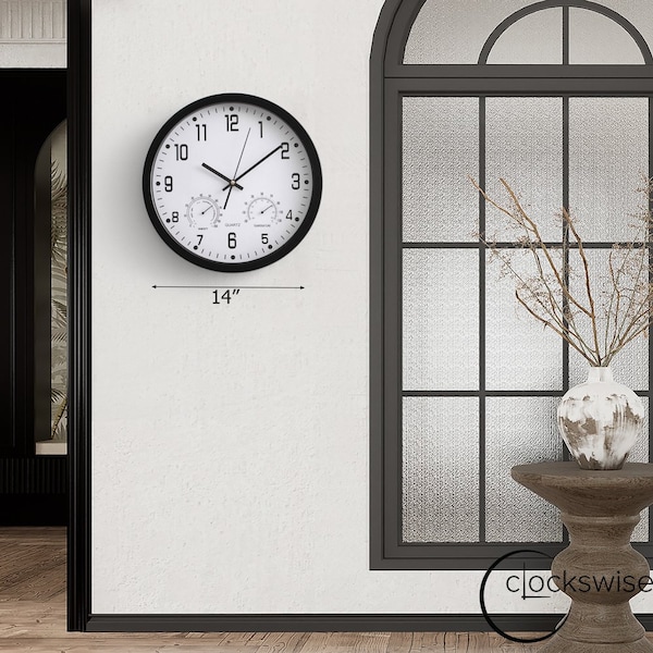 Clockswise 14-inch Non-Ticking Quartz Wall Clock with Thermometer & Hygrometer - Battery Operated - QI004748.BK.14