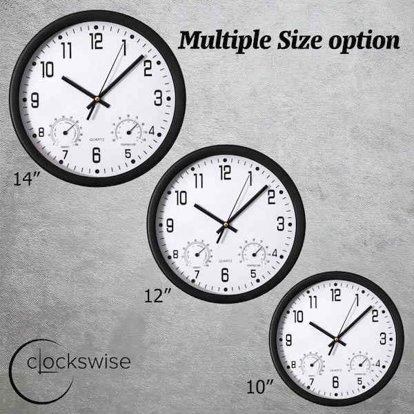 Clockswise 14-inch Non-Ticking Quartz Wall Clock with Thermometer & Hygrometer - Battery Operated - QI004748.BK.14