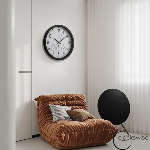 Clockswise 14-inch Non-Ticking Quartz Wall Clock with Thermometer & Hygrometer - Battery Operated - QI004748.BK.14