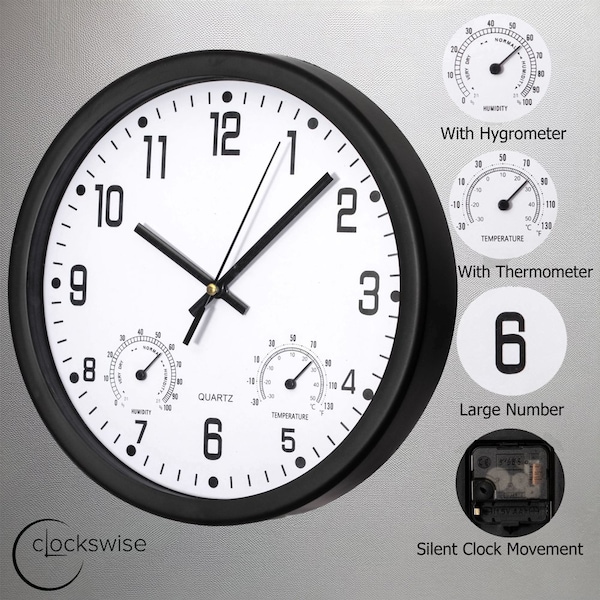 Clockswise 14-inch Non-Ticking Quartz Wall Clock with Thermometer & Hygrometer - Battery Operated - QI004748.BK.14