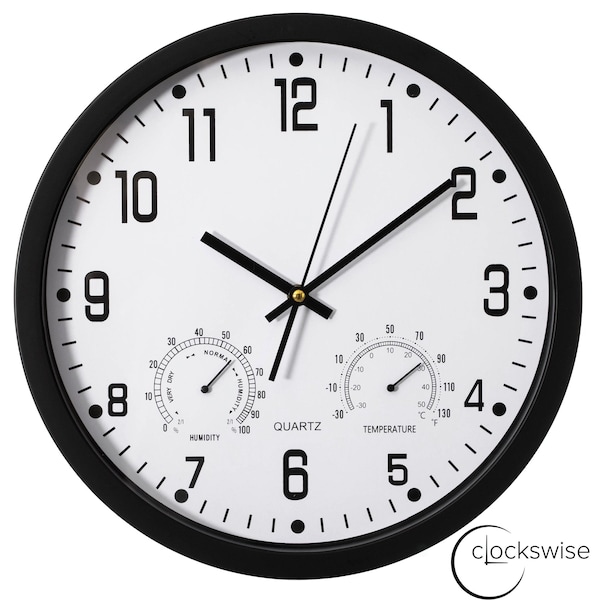 Clockswise 14-inch Non-Ticking Quartz Wall Clock with Thermometer & Hygrometer - Battery Operated - QI004748.BK.14