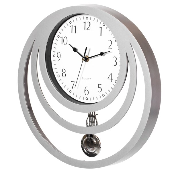 Quickway Imports Decorative Modern Round Plastic Wall Clock with Circles, for Living, Kitchen, or Dining, Silver - QI004147.WT