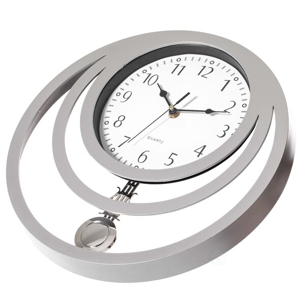 Quickway Imports Decorative Modern Round Plastic Wall Clock with Circles, for Living, Kitchen, or Dining, Silver - QI004147.WT