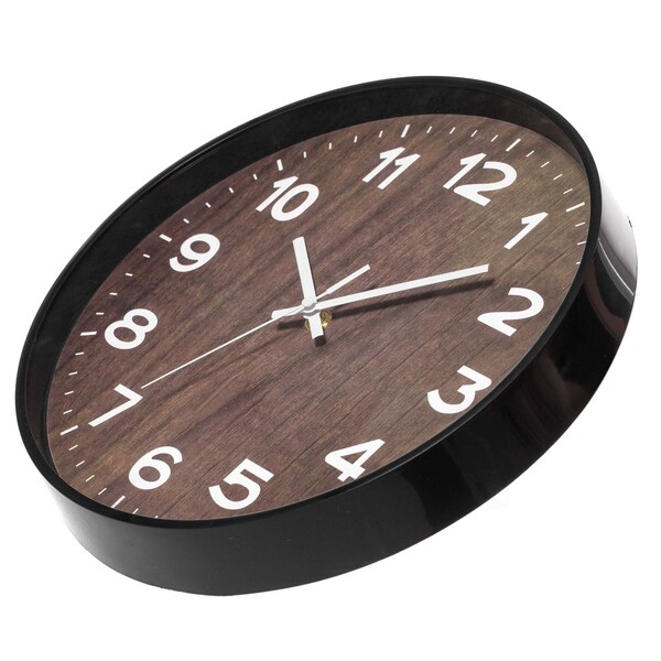 Quickway Imports Decorative Modern Round Wood- Looking Plastic Wall Clock for Living Room, Kitchen, or Dining, Brown - QI004142.BN
