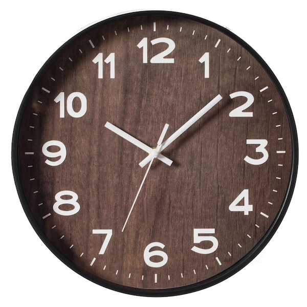 Quickway Imports Decorative Modern Round Wood- Looking Plastic Wall Clock for Living Room, Kitchen, or Dining, Brown - QI004142.BN