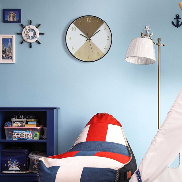 Quickway Imports Decorative Modern Round Wood- Looking Plastic Wall Clock for Living Room, Kitchen, or Dining, Oak - QI004142.MC
