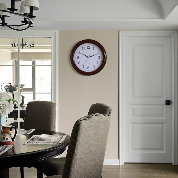 Clockswise Decorative Classic Brown Round Wall Clock For Living Room, Kitchen, Dining Room, Plastic - QI004510.BN