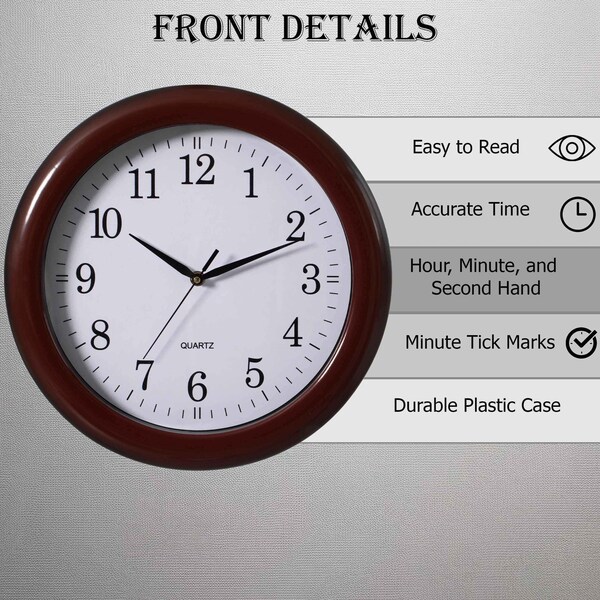 Clockswise Decorative Classic Brown Round Wall Clock For Living Room, Kitchen, Dining Room, Plastic - QI004510.BN