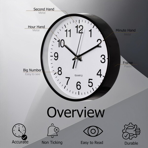 Clockswise Black 8-In Analog Clock - Silent, Non-Ticking for Wall, Office Desk, Table and Shelf,  - QI004744.BK.8