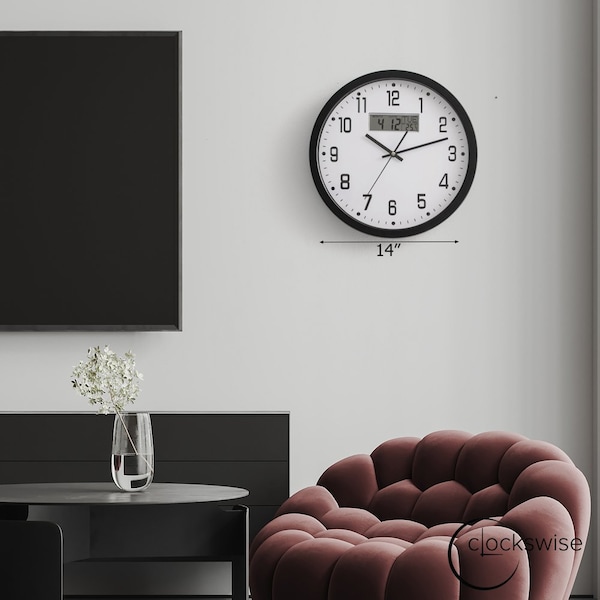 Clockswise 14-inch Wall Clock, Non-Ticking Analog & Digital with Temperature Display Battery Powered,  - QI004749.BK.14