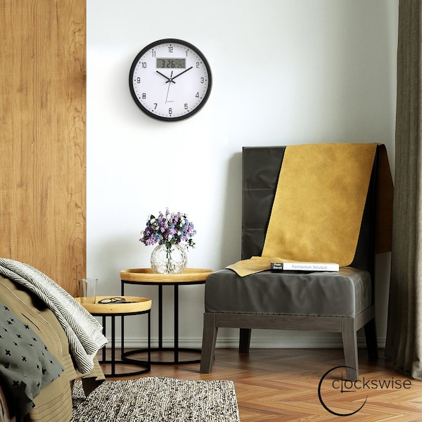 Clockswise 14-inch Wall Clock, Non-Ticking Analog & Digital with Temperature Display Battery Powered,  - QI004749.BK.14