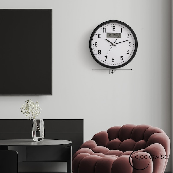 Clockswise 14-inch Wall Clock, Non-Ticking Analog & Digital with Temperature Display Battery Powered,  - QI004749.BK.14