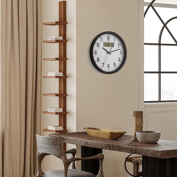 Clockswise 14-inch Wall Clock, Non-Ticking Analog & Digital with Temperature Display Battery Powered,  - QI004749.BK.14
