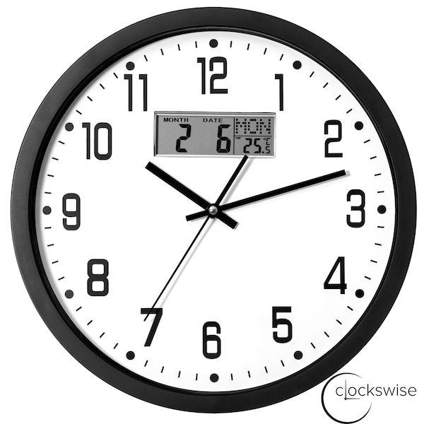 Clockswise 14-inch Wall Clock, Non-Ticking Analog & Digital with Temperature Display Battery Powered,  - QI004749.BK.14