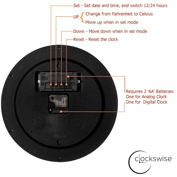 Clockswise 14-inch Wall Clock, Non-Ticking Analog & Digital with Temperature Display Battery Powered,  - QI004749.BK.14