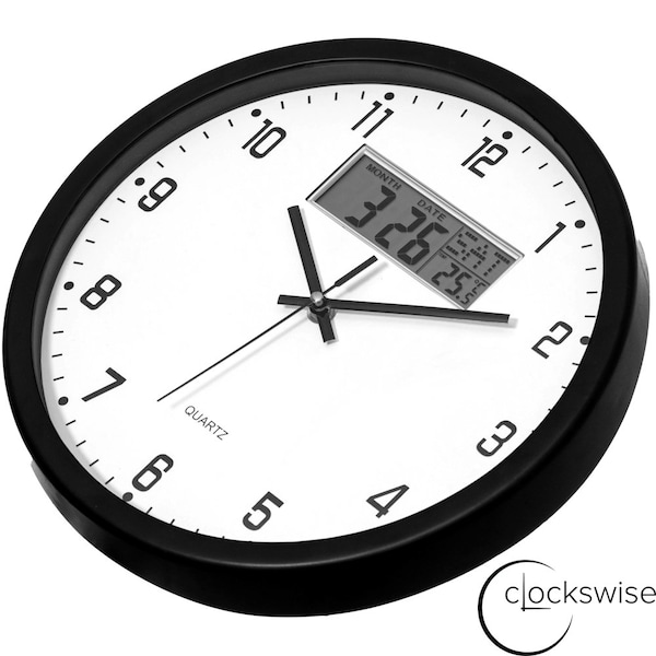 Clockswise 14-inch Wall Clock, Non-Ticking Analog & Digital with Temperature Display Battery Powered,  - QI004749.BK.14