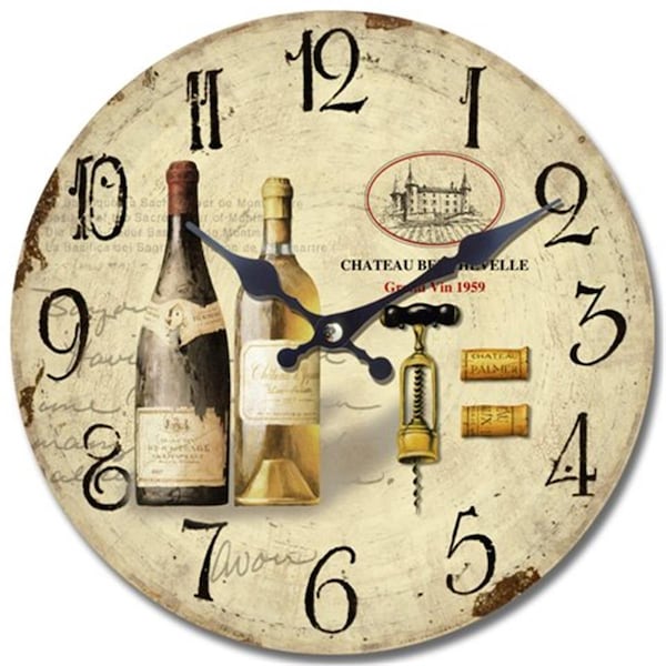 Clock Creations Circular Wooden Wall Clock with Two Bottles of Wine Print - CL145862