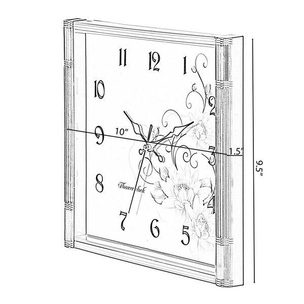 Quickway Imports Unique Modern Square Shaped Wall Clock With Floral Design for Living Room, Kitchen, or Dining Room - QI004144