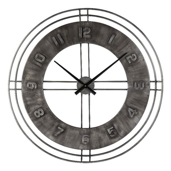 Benjara 35.75 x 35.75 x 3 in. Industrial Round Metal Wall Clock with Roman Numerals, Gray - BM209373